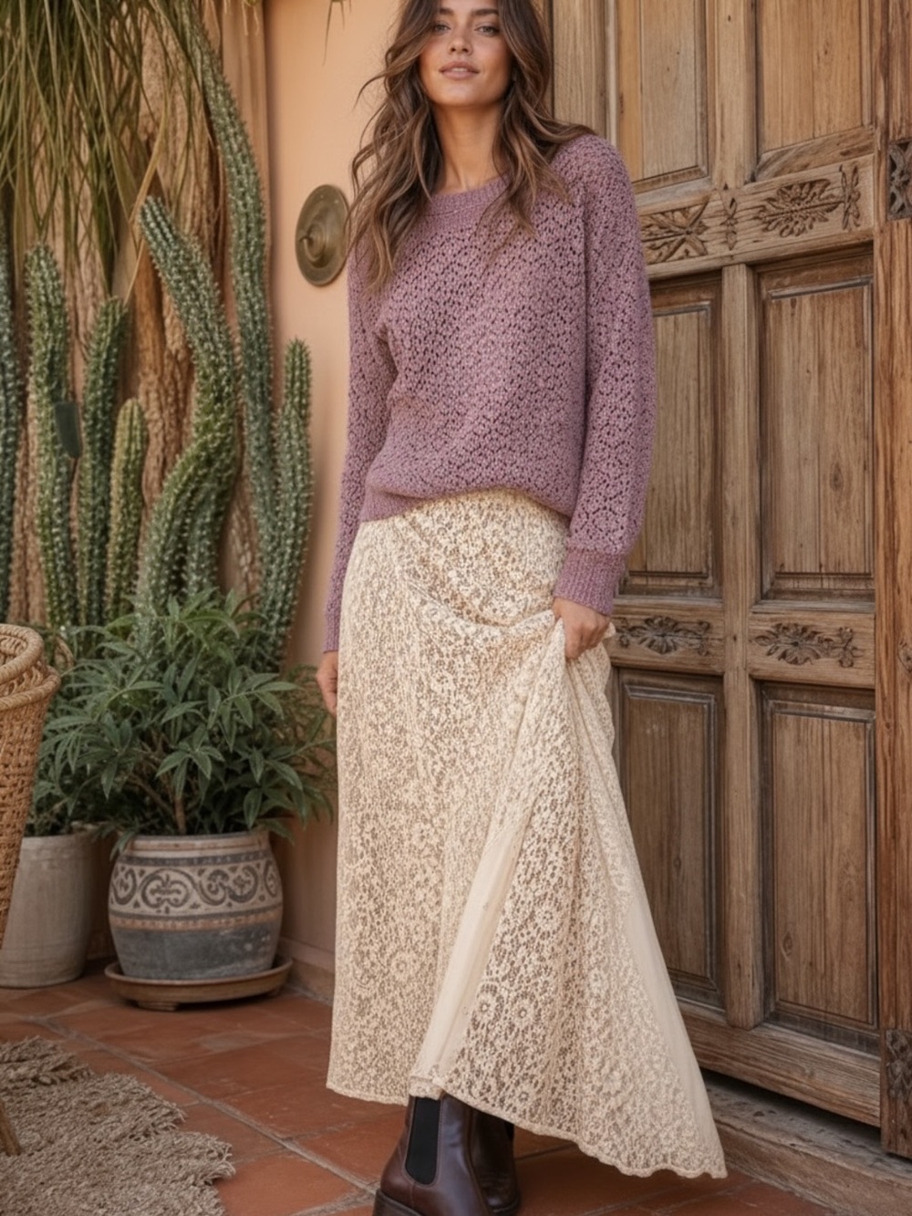 314 •Crochet Crewneck Sweater in Dusty Rose